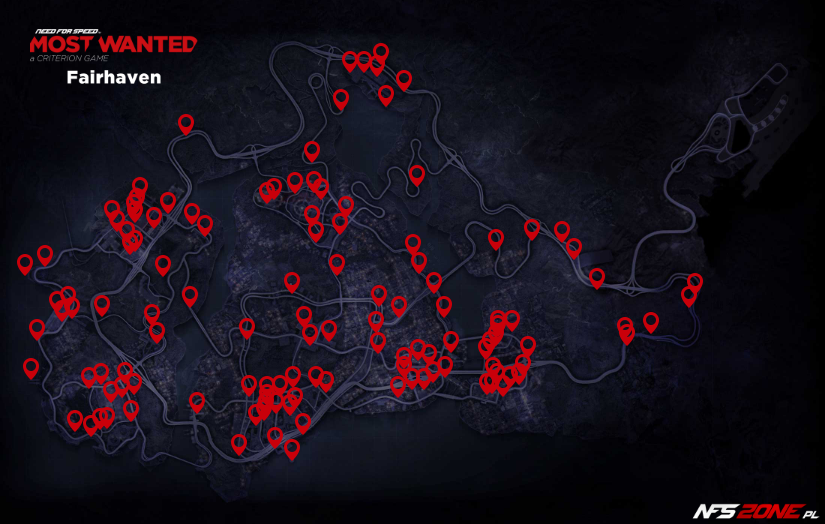 NFS - Need for Speed Most Wanted (2012) - mapa samochodów - punkty podmiany Fairhaven - Car Jack Spots Map
