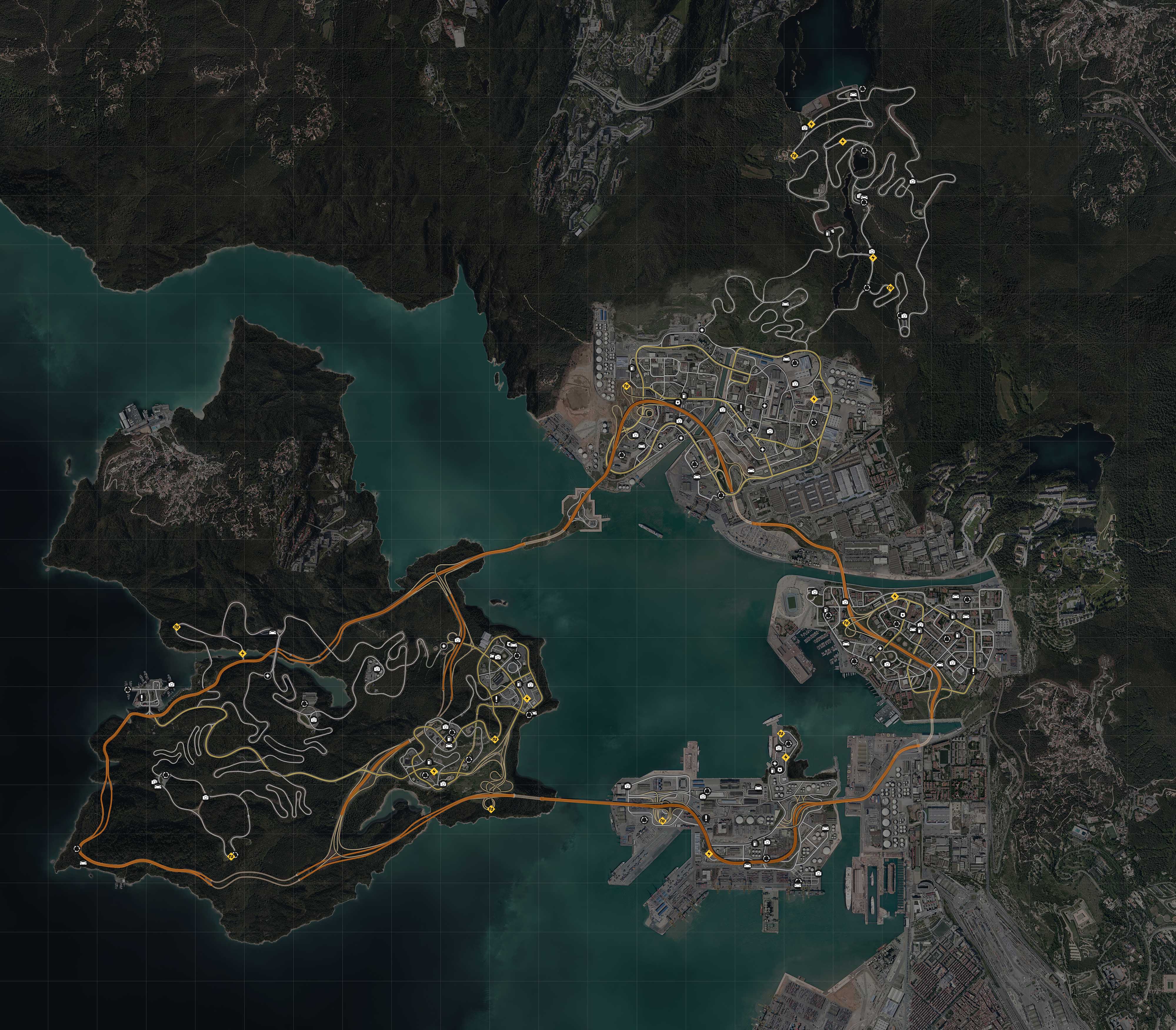 Mapa Ventura Bay - NFS - Need for Speed (2015) - Collectibles Urbex Spots, Donut Spots, Vista Spots, Free Parts, Speed Runs, Drift Corners - punkty eksploracyjne, miejsca do kręcenia bączków, punkty widokowe, darmowe części, gonitwy, zakręty driftowe